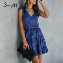 Load image into Gallery viewer, Simplee Summer Sleeveless Boho Dress Solid Ruched High Waist V Neck Dress