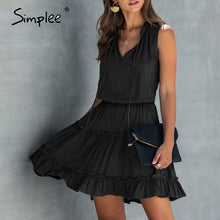 Load image into Gallery viewer, Simplee Summer Sleeveless Boho Dress Solid Ruched High Waist V Neck Dress