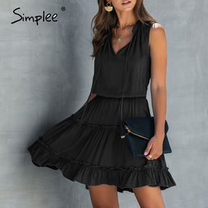 Simplee Summer Sleeveless Boho Dress Solid Ruched High Waist V Neck Dress