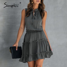 Load image into Gallery viewer, Simplee Summer Sleeveless Boho Dress Solid Ruched High Waist V Neck Dress

